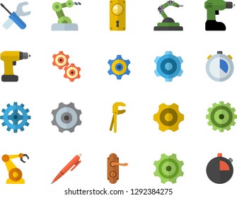 Color flat icon set cogwheel flat vector, tool, drill screwdriver, door lock, robotics, pen, industrial robot, stopwatch
