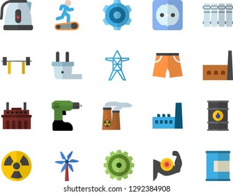 Color flat icon set cogwheel flat vector, drill screwdriver, sockets, heating batteries, electric kettle, windmill, oil tanks, plug socket, power line support, manufactory, plant, radiation, nuclear