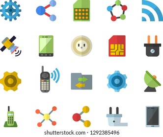 Color flat icon set cogwheel flat vector, socket, plug, satellite antenna, SIM card, phone call, molecules, telephone, molecule, satellit, share, broadcast, file sharing, mobile