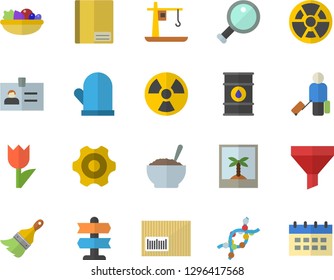 Color flat icon set cogwheel flat vector, paint brush, potholder, salad, porridge, tulip, oil tanks, radiation, crane, funnel, barcode, DNA, notebook, magnifier, luggage fector, photo, pointer