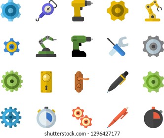 Color flat icon set cogwheel flat vector, tool, drill screwdriver, door lock, spring balance, robotics, pen, industrial robot, stopwatch