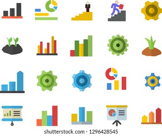 Color flat icon set cogwheel flat vector, planting plants, chart, statistics, statistic, career ladder, presentaition board, achievement