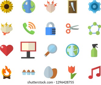 Color flat icon set cogwheel flat vector, Entrance door, egg, flower, pulverizer, tulip, bonfire, earth, billboard, phone call, molecule, brainstorm, magnifier, scissors, lock, heart, note