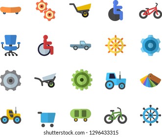 Color flat icon set cogwheel flat vector, color scheme, pickup truck, tractor, garden wheelbarrow, grocery trolley, disabled, office chair, skateboard, bicycle, steering wheel fector