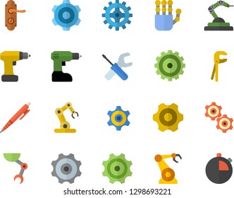 Color flat icon set cogwheel flat vector, tool, drill screwdriver, door lock, robotics, pen, robot hand, industrial, stopwatch