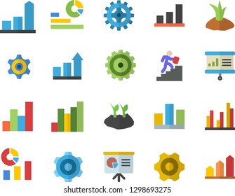 Color flat icon set cogwheel flat vector, planting plants, chart, statistics, statistic, career ladder, presentaition board, achievement