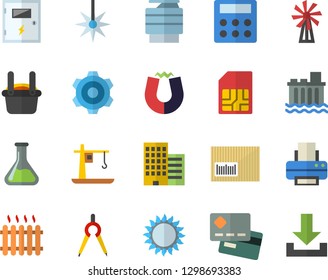 Color flat icon set cogwheel flat vector, skyscraper, switch box, gas, windmill, chemistry, hydroelectric power station, crane, laser, SIM card, dividers, radiator, metallurgy, credit, barcode