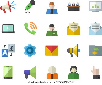 Color flat icon set cogwheel flat vector, person, telephone operator, phone call, mouthpiece, computer chart, meeting, laptop, mail, file sharing, translate, message, microphone, mobile, user