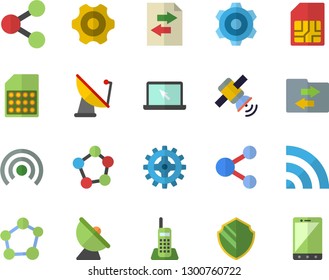 Color flat icon set cogwheel flat vector, satellite antenna, SIM card, molecules, telephone, laptop, molecule, satellit, security fector, share, broadcast, file sharing, mobile