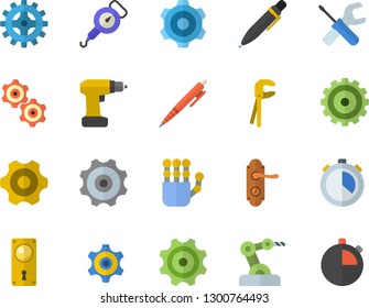 Color flat icon set cogwheel flat vector, tool, drill screwdriver, door lock, spring balance, pen, robot hand, industrial, stopwatch