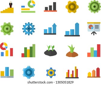 Color flat icon set cogwheel flat vector, planting plants, chart, statistics, statistic, career ladder, presentaition board, achievement