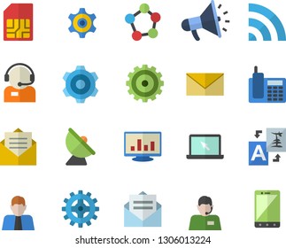 Color flat icon set cogwheel flat vector, satellite antenna, SIM card, person, telephone operator, mouthpiece, molecules, computer chart, laptop, broadcast, translate, message, envelope, mobile