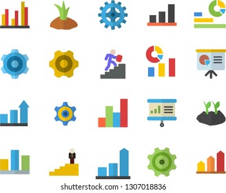 Color flat icon set cogwheel flat vector, planting plants, chart, statistics, statistic, career ladder, presentaition board, achievement