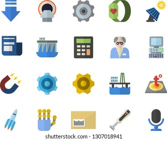 Color flat icon set cogwheel flat vector, warm floor, blender, oil production platform, solar battery, hydroelectric power station, magnet, news, barcode, tomograph, calculator, robot hand, rocket