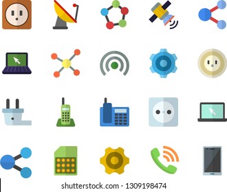 Color flat icon set cogwheel flat vector, sockets, socket, plug, satellite antenna, SIM card, molecules, phone call, telephone, laptop, molecule, share, broadcast, mobile