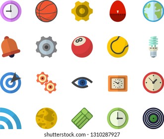 Color flat icon set cogwheel flat vector, kitchen egg timer, earth, energy saving lamp, clock, target, moon, bowling ball, basketball, tennis, inflatable mattress fector, bell, broadcast, eye