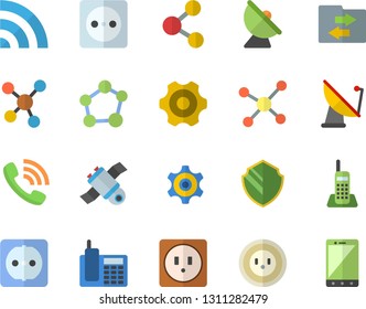 Color flat icon set cogwheel flat vector, sockets, socket, satellite antenna, phone call, molecules, telephone, molecule, satellit, security fector, share, broadcast, file sharing, mobile