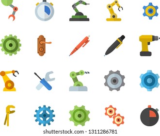 Color flat icon set cogwheel flat vector, tool, drill screwdriver, door lock, robotics, pen, robot hand, industrial, stopwatch