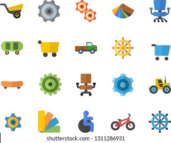 Color flat icon set cogwheel flat vector, color scheme, pickup truck, tractor, garden wheelbarrow, grocery trolley, disabled, office chair, skateboard, bicycle, steering wheel fector
