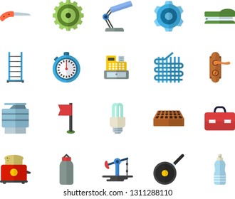 Color flat icon set cogwheel flat vector, ladder, door lock, brick, teflon, toaster, knife, oil pumping, fabric manufacture, cash machine, briefcase, reading lamp, copy, stapler, stopwatch, flag