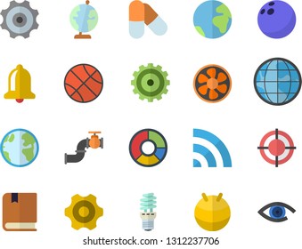 Color flat icon set cogwheel flat vector, ventilation, main pipeline, earth, energy saving lamp, clircle diagram, target, globe, textbook, bowling ball, basketball, fitball, pills, fector, bell, eye