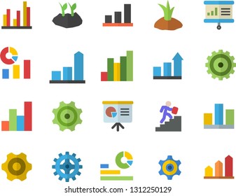 Color flat icon set cogwheel flat vector, planting plants, chart, statistics, statistic, career ladder, presentaition board, achievement