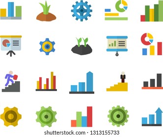 Color flat icon set cogwheel flat vector, planting plants, chart, statistics, statistic, career ladder, presentaition board, achievement