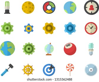 Color flat icon set cogwheel flat vector, meat hammer, lollipop, energy saving lamp, target audience, earth, clircle diagram, moon, globe, bowling ball, fector, steering wheel, clock
