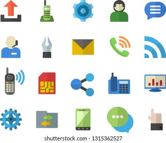 Color flat icon set cogwheel flat vector, SIM card, molecules, phone call, chat, computer chart, ink pen, telephone, operator, broadcast, upload, file sharing, envelope, mobile, user, indicate