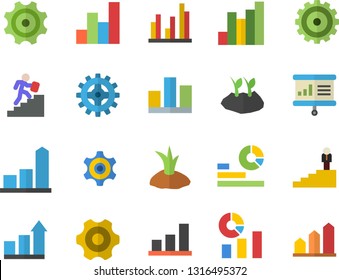 Color flat icon set cogwheel flat vector, planting plants, chart, statistics, statistic, career ladder, presentaition board, achievement