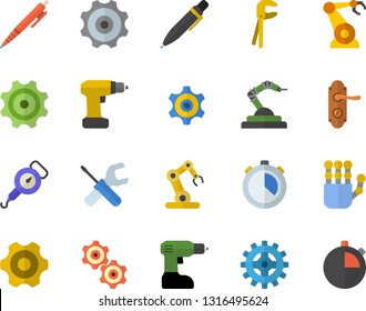 Color flat icon set cogwheel flat vector, tool, drill screwdriver, door lock, spring balance, robotics, pen, robot hand, industrial, stopwatch