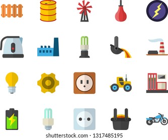 Color flat icon set cogwheel flat vector, sockets, heating batteries, electric kettle, windmill, tractor, battery, gas station, factory, oil tanks, lamp, socket, manufactory, energy saving, fector