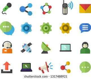 Color flat icon set cogwheel flat vector, satellite antenna, molecules, telephone operator, phone call, mouthpiece, chat, laptop, mail, satellit, share, upload, microphone, user