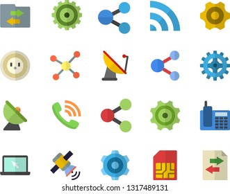 Color flat icon set cogwheel flat vector, socket, satellite antenna, SIM card, molecules, phone call, telephone, laptop, molecule, satellit, share, broadcast, file sharing