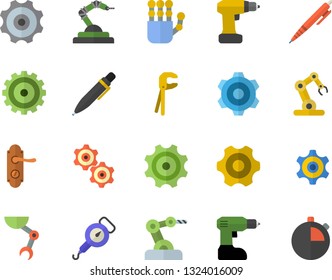 Color flat icon set cogwheel flat vector, tool, drill screwdriver, door lock, spring balance, robotics, pen, robot hand, industrial, stopwatch