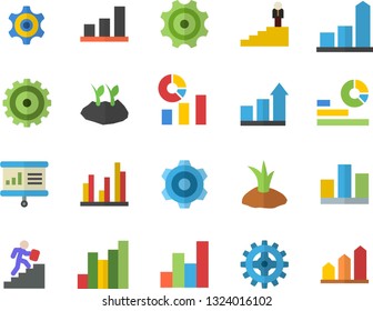 Color flat icon set cogwheel flat vector, planting plants, chart, statistics, statistic, career ladder, presentaition board, achievement