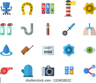 Color flat icon set cogwheel flat vector, pipes, potholder, kitchen spoon, horseshoe, drop, lighthouse, barcode, calculator, blood test, eye, ampoule, lungs, office chair, folder, whistle, camera
