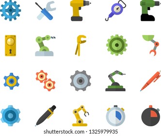 Color flat icon set cogwheel flat vector, tool, drill screwdriver, door lock, spring balance, robotics, pen, robot hand, industrial, stopwatch