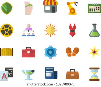 Color flat icon set cogwheel flat vector, tool bag, fence, sun, chemistry, radiation, robotics, store front, news, briefcase, calendar, hierarchy, spark, buttocks, swimsuit, cocktail fector