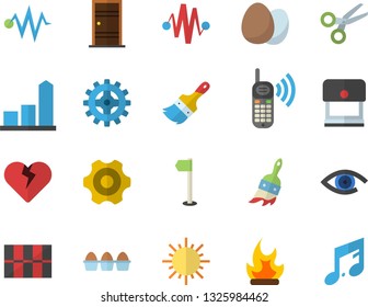Color flat icon set cogwheel flat vector, paint brush, Entrance door, tile, egg, sun, bonfire, chart, phone call, electric discharge fector, sports flag, scissors, stamp, heart, eye, note