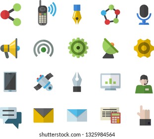 Color flat icon set cogwheel flat vector, calculator, satellite antenna, molecules, telephone operator, phone call, chat, computer chart, ink pen, mail, satellit, broadcast, mouthpiece, envelope
