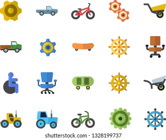 Color flat icon set cogwheel flat vector, pickup truck, tractor, garden wheelbarrow, disabled, office chair, skateboard, bicycle, steering wheel fector