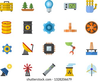 Color flat icon set cogwheel flat vector, tool bag, pipes, level meter, windmill, oil production platform, ventilation, solar battery, tanks, lamp, forest, satellite antenna, motherboard, robot hand
