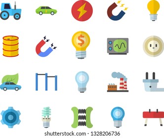 Color flat icon set cogwheel flat vector, tractor, factory, oil tanks, lamp, socket, plug, energy saving, eco cars, electric, magnet, idea, bulb, oscilloscope, lightning, carpal expander