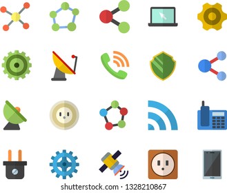 Color flat icon set cogwheel flat vector, sockets, socket, plug, satellite antenna, molecules, phone call, telephone, laptop, molecule, satellit, security fector, share, broadcast, mobile