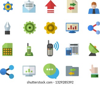 Color flat icon set cogwheel flat vector, calculator, satellite antenna, SIM card, person, molecules, phone call, chat, computer chart, ink pen, telephone, share, upload, file sharing, message