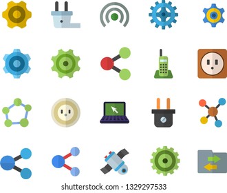 Color flat icon set cogwheel flat vector, sockets, socket, plug, molecules, telephone, laptop, molecule, satellit, share, broadcast, file sharing