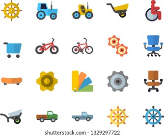 Color flat icon set cogwheel flat vector, color scheme, pickup truck, tractor, garden wheelbarrow, grocery trolley, disabled, office chair, skateboard, bicycle, fector, steering wheel