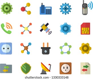Color flat icon set cogwheel flat vector, sockets, plug socket, satellite antenna, SIM card, phone call, molecules, telephone, molecule, satellit, security fector, share, file sharing