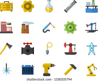Color flat icon set cogwheel flat vector, drill screwdriver, tool bag, level meter, construction plummet, ax, hammer, oil production platform, pumping, main pipeline, chemistry, gas station, laser